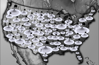 Map of United States showing cones appearing all accross the country